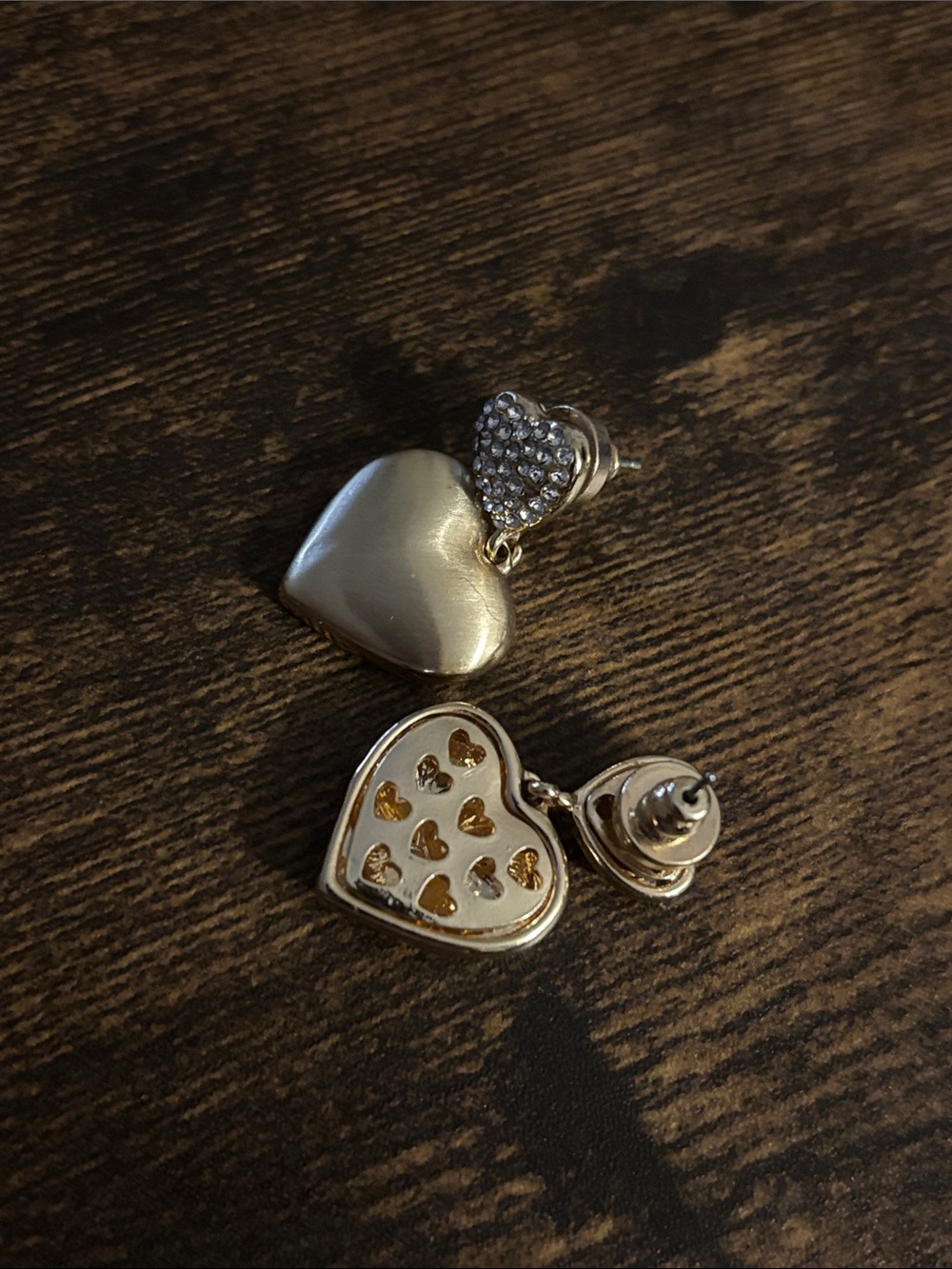 Gold-Tone Heart Drop Earrings with Crystal Pavé Studs
